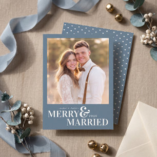 Merry and Married Christmas Photo - Dusty Blue Holiday Card