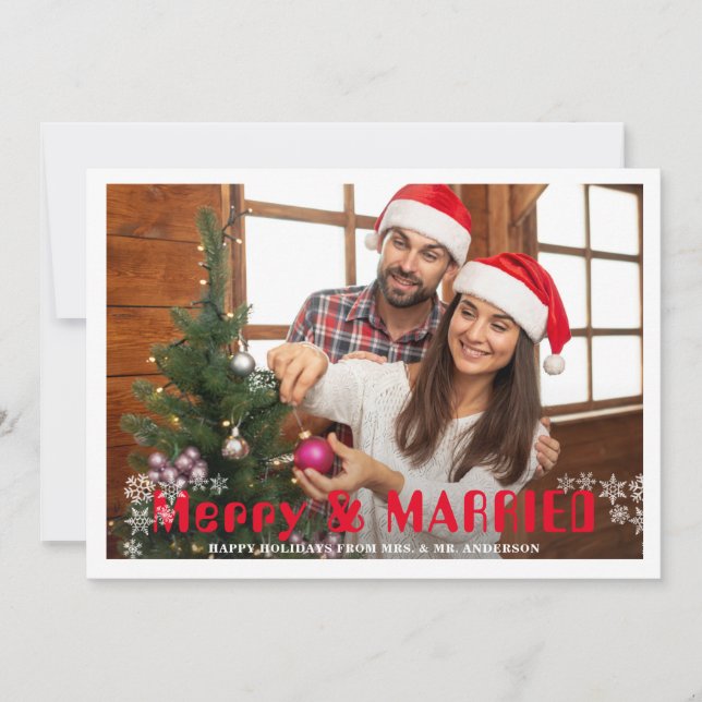 Merry And Married Christmas Pine Snowflakes Photo Holiday Card (Front)