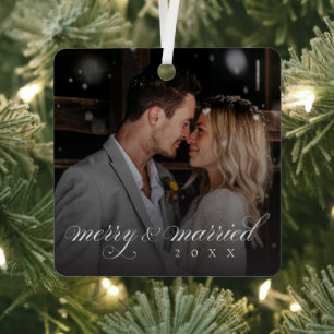 Merry and Married Custom Photo Newlywed Christmas Metal Tree Decoration