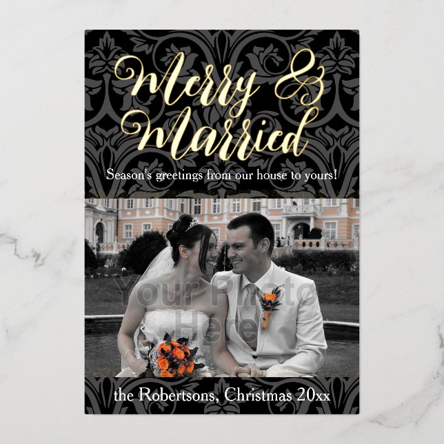 Merry and Married Damask Holiday Photo (Front)