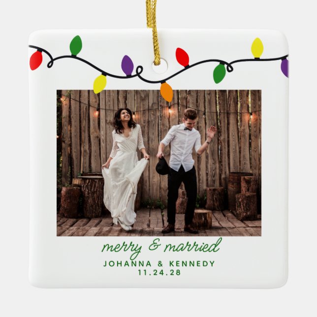 Merry and Married First Christmas Colourful Lights Ceramic Ornament (Front)