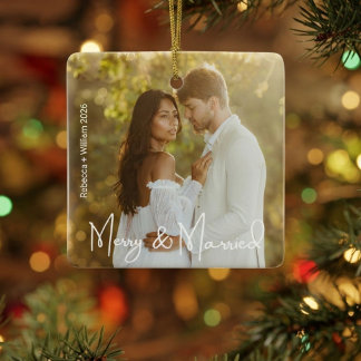Merry and Married First Christmas Newlywed Photo Ceramic Ornament