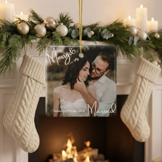Merry and Married First Christmas Newlywed Photo Ceramic Ornament