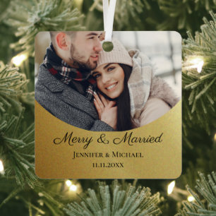 Merry and Married First Christmas Photo Gold Metal Tree Decoration