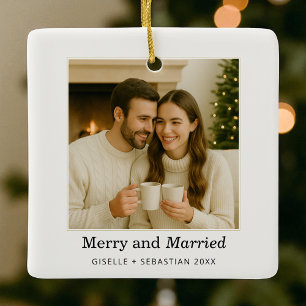 Merry and Married First Christmas Photo Holiday Ceramic Ornament