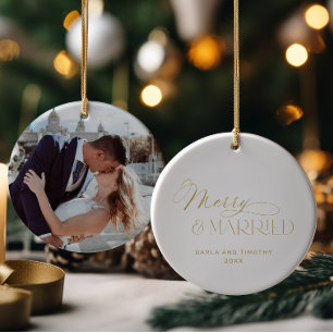 Merry and Married Gold Christmas Ceramic Ornament