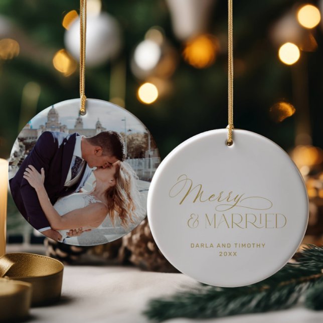 Merry and Married Gold Christmas  Ceramic Ornament (Creator Uploaded)