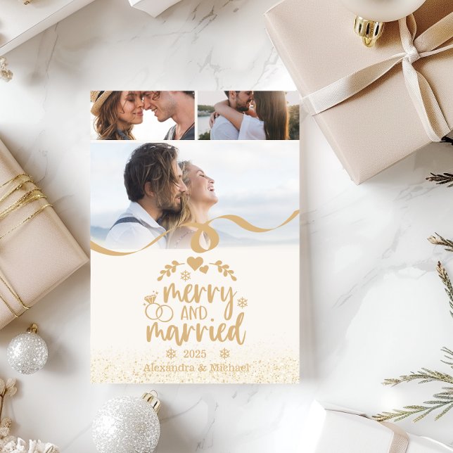 Merry and Married Gold Glitter Photo Holiday Card (Creator Uploaded)