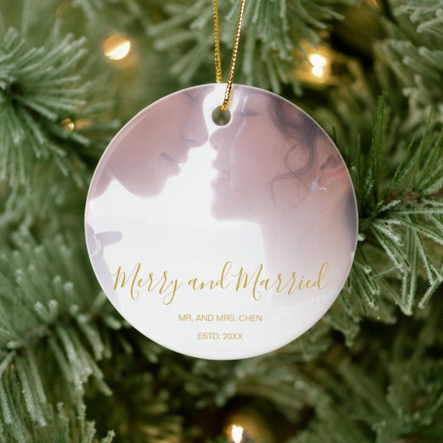 Merry and Married Gold Newlywed Elegant Ceramic Ornament (Tree)