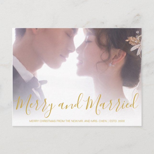 Merry and Married Gold Newlywed Elegant Holiday Postcard (Front)