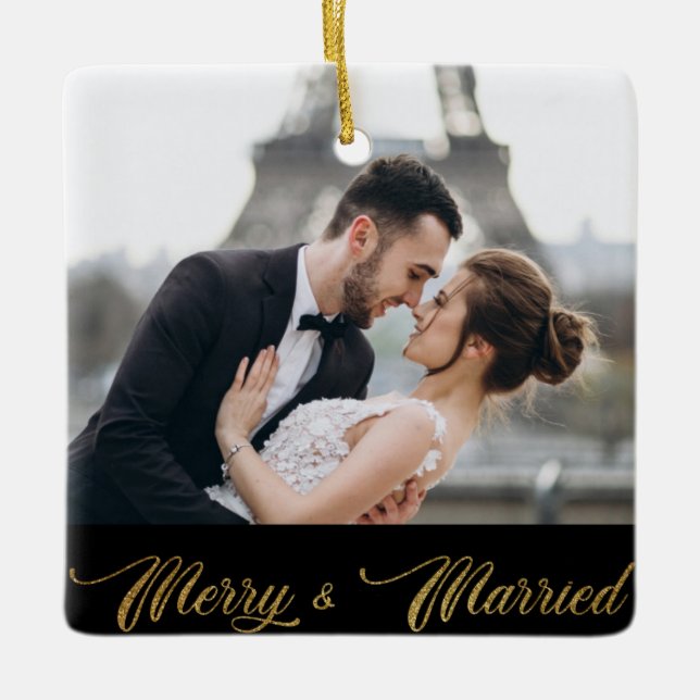 Merry and Married Gold Script Newlywed Ornament (Front)