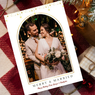 Merry And Married Gold Stars Arch Photo Christmas Holiday Card