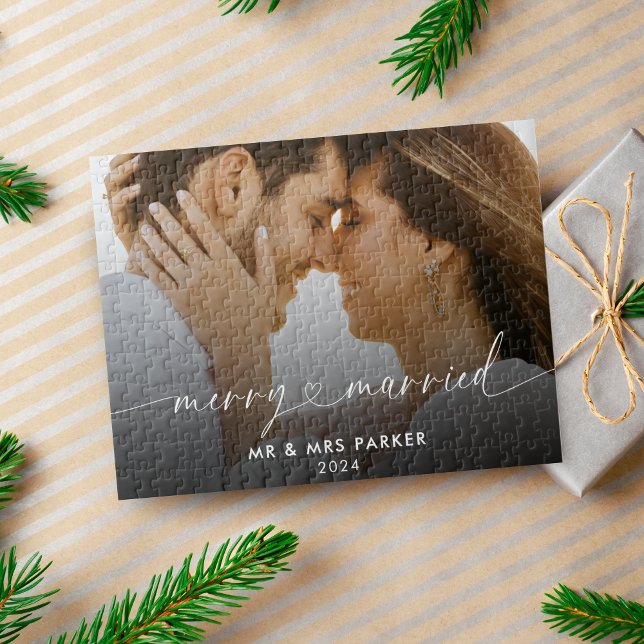 Merry and Married Heart Script Christmas Photo Jigsaw Puzzle (Creator Uploaded)