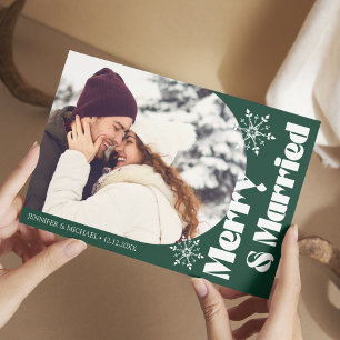 merry and married modern arch photo green holiday card