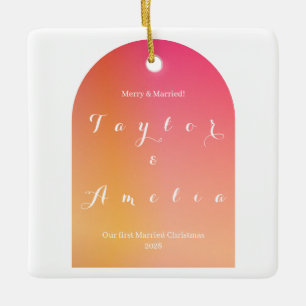 Merry and Married Modern Boho Arch Christmas Ceramic Ornament