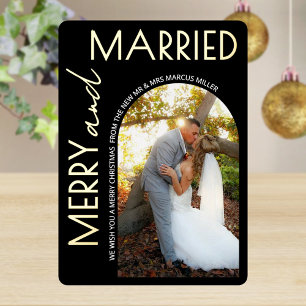 Merry And Married Modern Photo Black Gold Foil Holiday Card