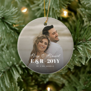 Merry and Married Monogram Double Sided Photo Ceramic Ornament