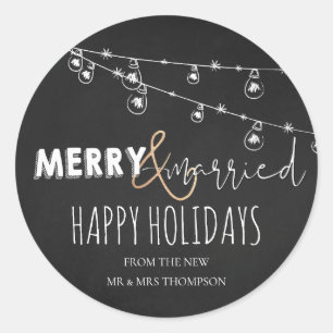 Merry And Married New Mr And Mrs Happy Holidays Classic Round Sticker