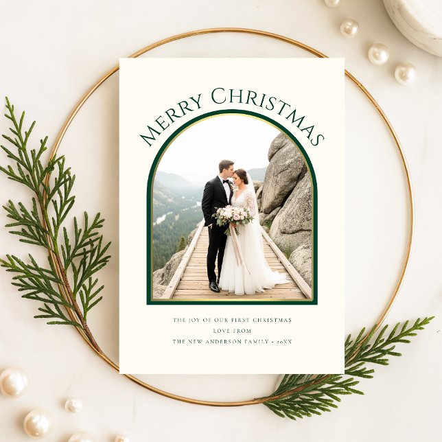 Merry And Married Newlywed Arch Photo Christmas Holiday Card (Creator Uploaded)