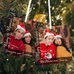 Merry and Married Newlywed Couple Christmas Photos Metal Tree Decoration