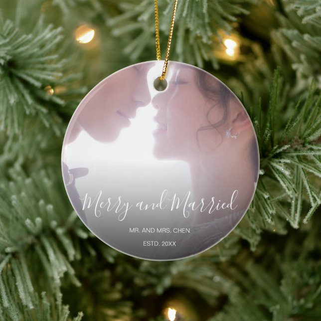 Merry and Married Newlywed Elegant Ceramic Ornament (Tree)
