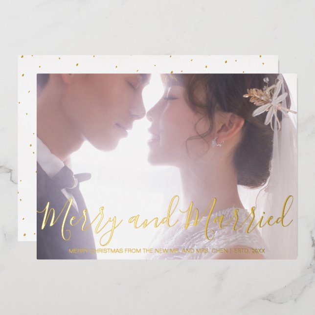 Merry and Married Newlywed Elegant Foil Holiday Card (Front/Back)