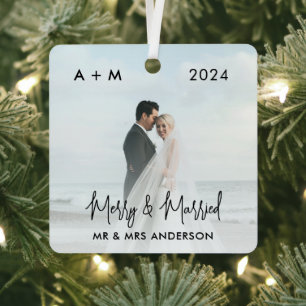 Merry and Married Newlywed First Christmas Photo Metal Tree Decoration