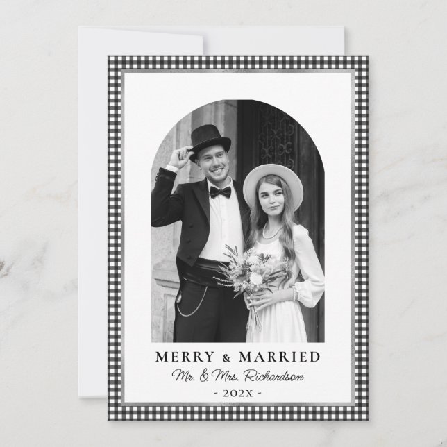 Merry and Married Newlywed Photo Black White Plaid Holiday Card (Front)