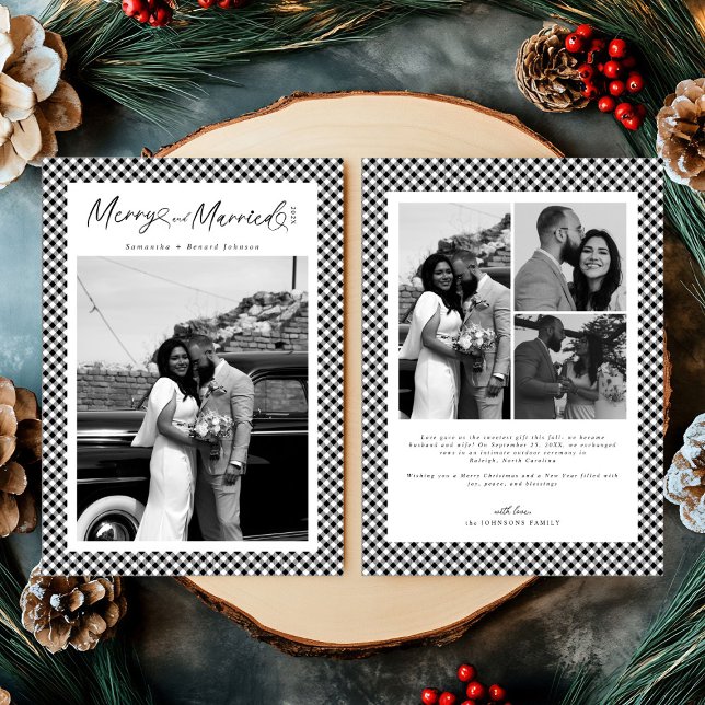 Merry and Married Newlywed Script Christmas Plaid Holiday Card (Creator Uploaded)