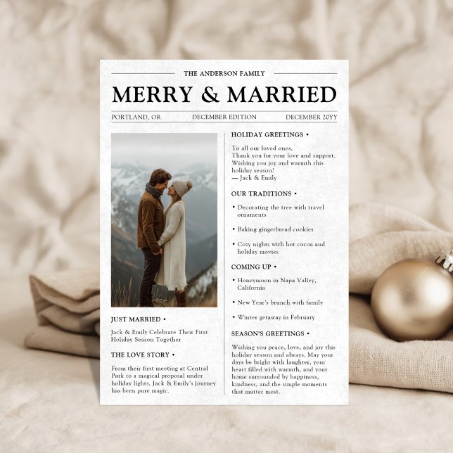 Merry and Married Newspaper Newlywed Christmas  Holiday Card (Creator Uploaded)