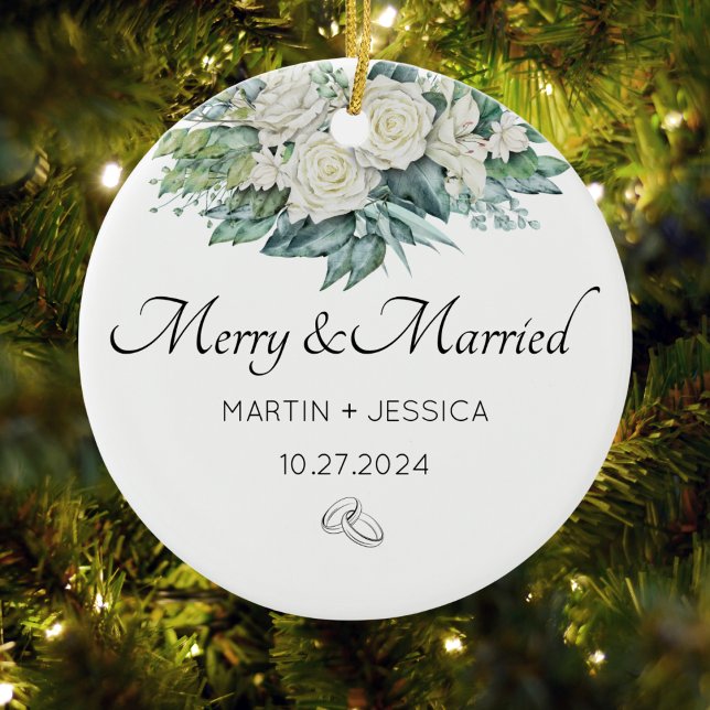 Merry And Married Our First Christmas Floral  Ceramic Ornament (Merry And Married Our First Christmas Floral Ceramic Ornament)