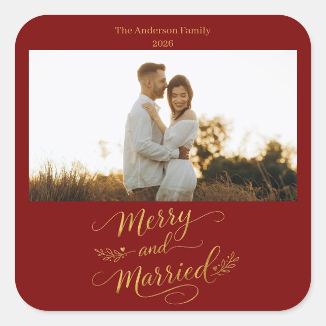 Merry and Married Personalized Wedding Christmas Square Sticker (Front)