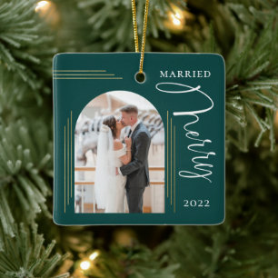 Merry and Married Photo Arch Frame Ceramic Ornament