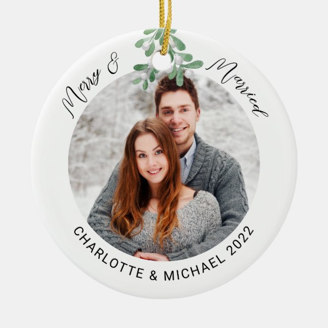 Merry and Married Photo Ceramic Ornament (Front)