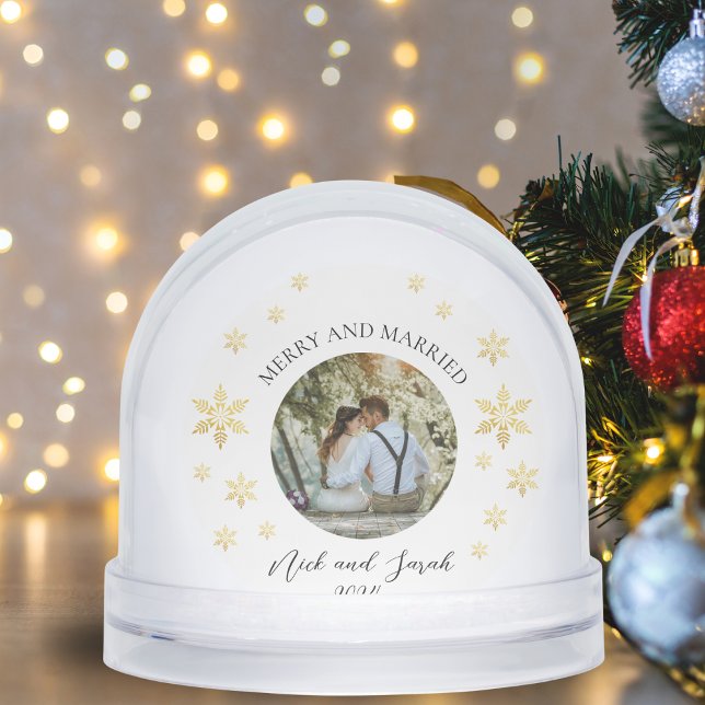 Merry And Married Photo Golden Snowflake Snowglobe (Merry And Married Photo Golden Snowflake Snow Globes)