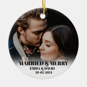 Merry and Married Photo Holiday Accents Ceramic Ornament
