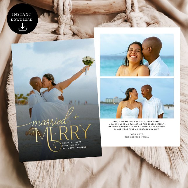 Merry and Married Photo Newlyweds Christmas Foil Holiday Card (Creator Uploaded)