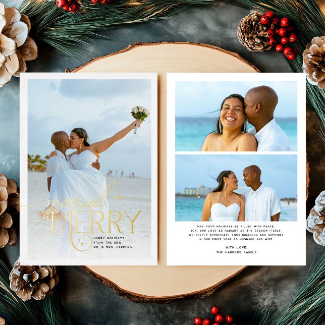Merry and Married Photo Newlyweds Christmas Foil Holiday Card (Creator Uploaded)