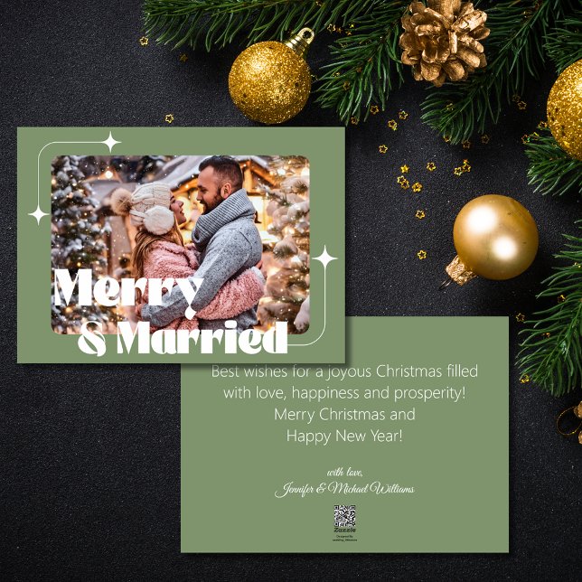 merry and married photo wedding retro green holiday card (Creator Uploaded)