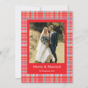 Merry and Married Red and Pink Plaid Christmas  Holiday Card