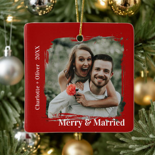 Merry and Married Red First Christmas Ceramic Ornament