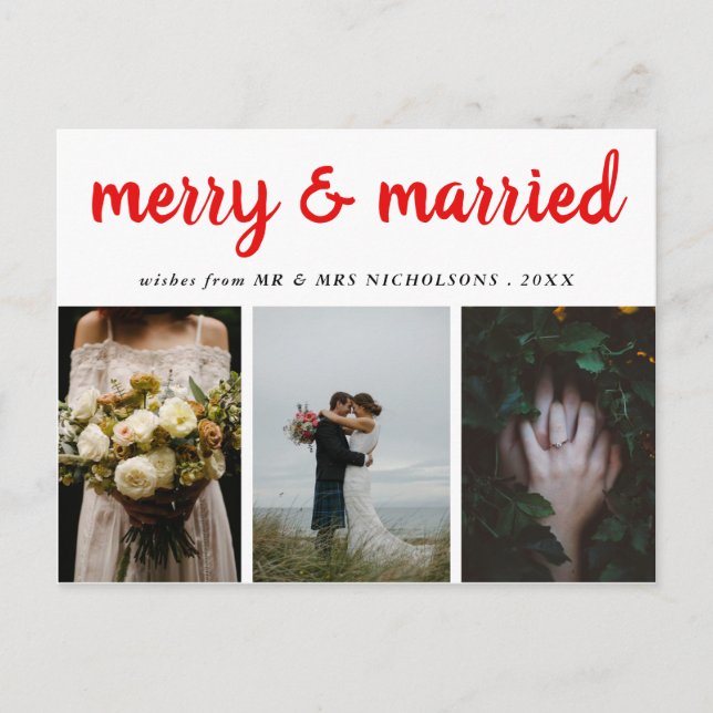 Merry And Married | Red Script Holiday Photo Postcard (Front)