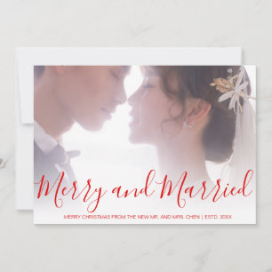 Merry and Married Red Script Newlywed Photo Holiday Card