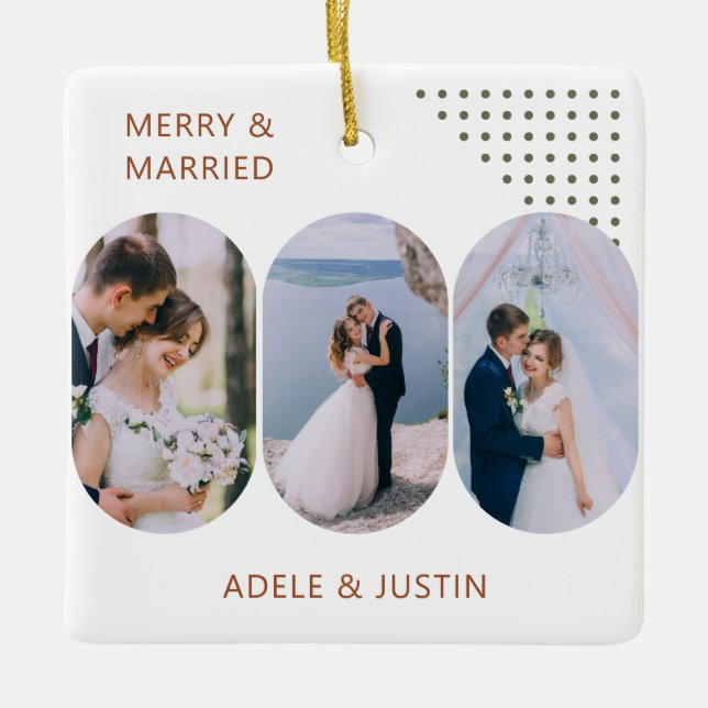 Merry and Married Rounded Lozenge Photos Any Colou Ceramic Ornament (Front)