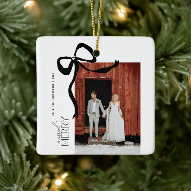 Merry and Married Script 2 Photos Christmas Bow Ceramic Ornament (Tree)