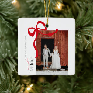 Merry and Married Script 2 Photos Christmas Bow Ceramic Ornament