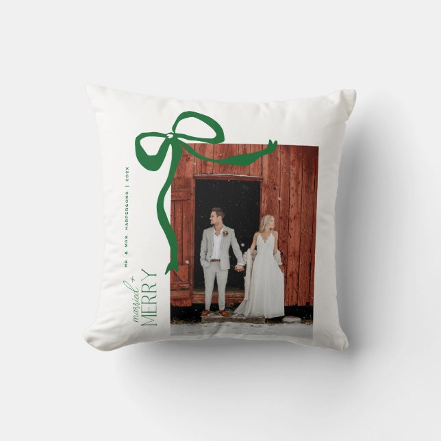 Merry and Married Script 2 Photos Christmas Bow Cushion (Front)