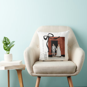Merry and Married Script 2 Photos Christmas Bow Cushion