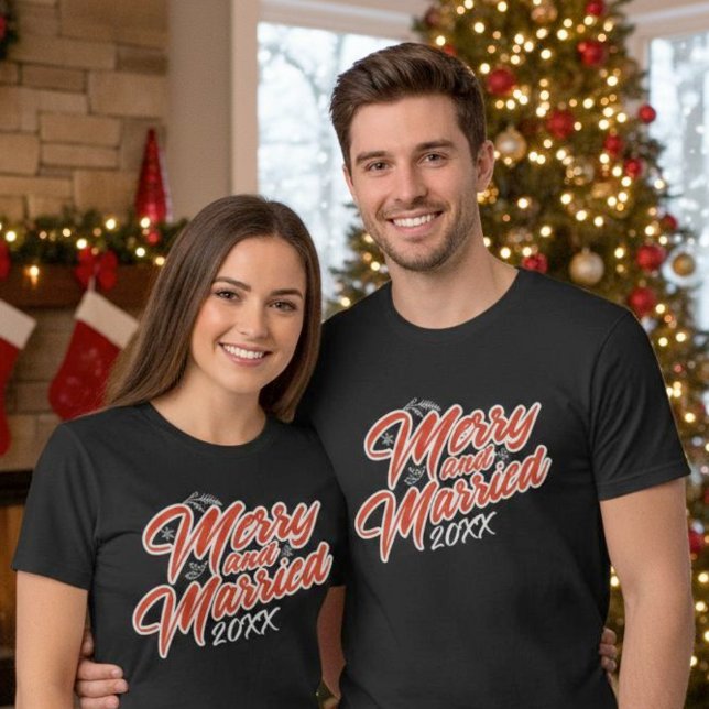 Merry and Married Script Custom Year Red on Black T-Shirt (Merry and Married Script Custom Year Red on Black T-Shirt)