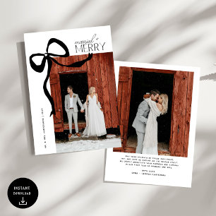 Merry and Married Script Photo Christmas Bow Holiday Card